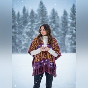 FP Movement by Free People Geometric Patterned Poncho - Purple and Yellow